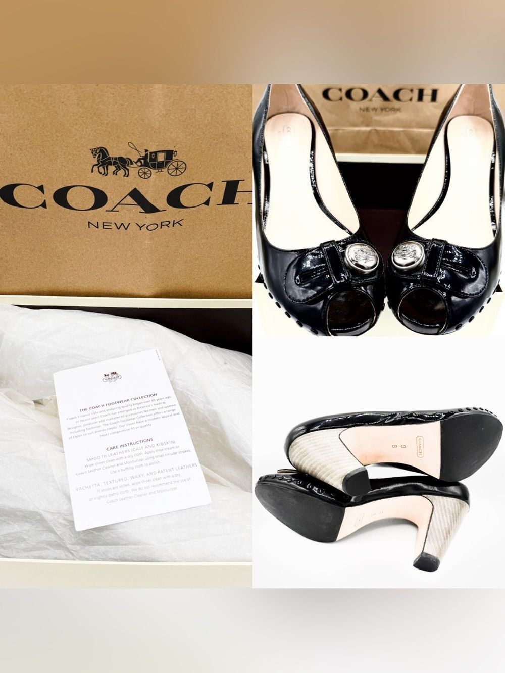 NWT NIB COACH PINUP HANNA CRINKLE PATENT HEELS SZ 9.0 M SHOPPING BAG & BOX INCL.